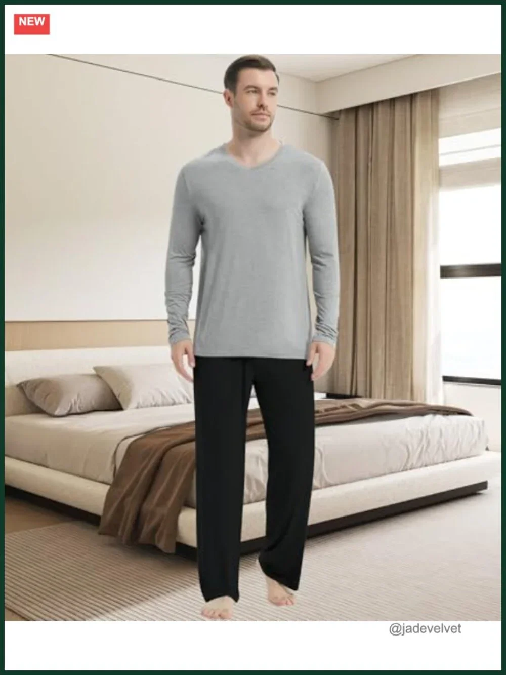 Men's Pajama Set - Viscose from Bamboo Long Sleeve V-Neck with Pants